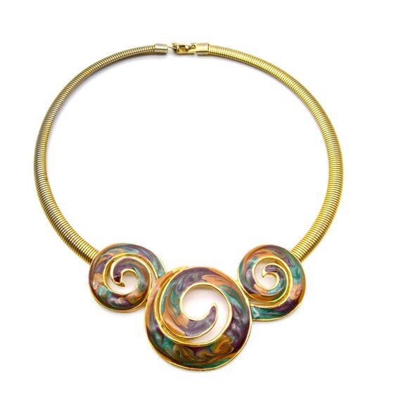 Chic Vintage Bib Omega Necklace, Gold Tone Chain Choker Enamel Triple Swirls - Picture 1 of 4